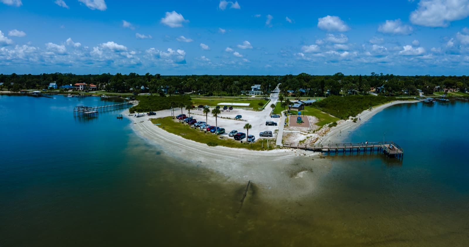 Aerial view of Menard Park and fishing pier on the Indian River in Edgewater, Florida