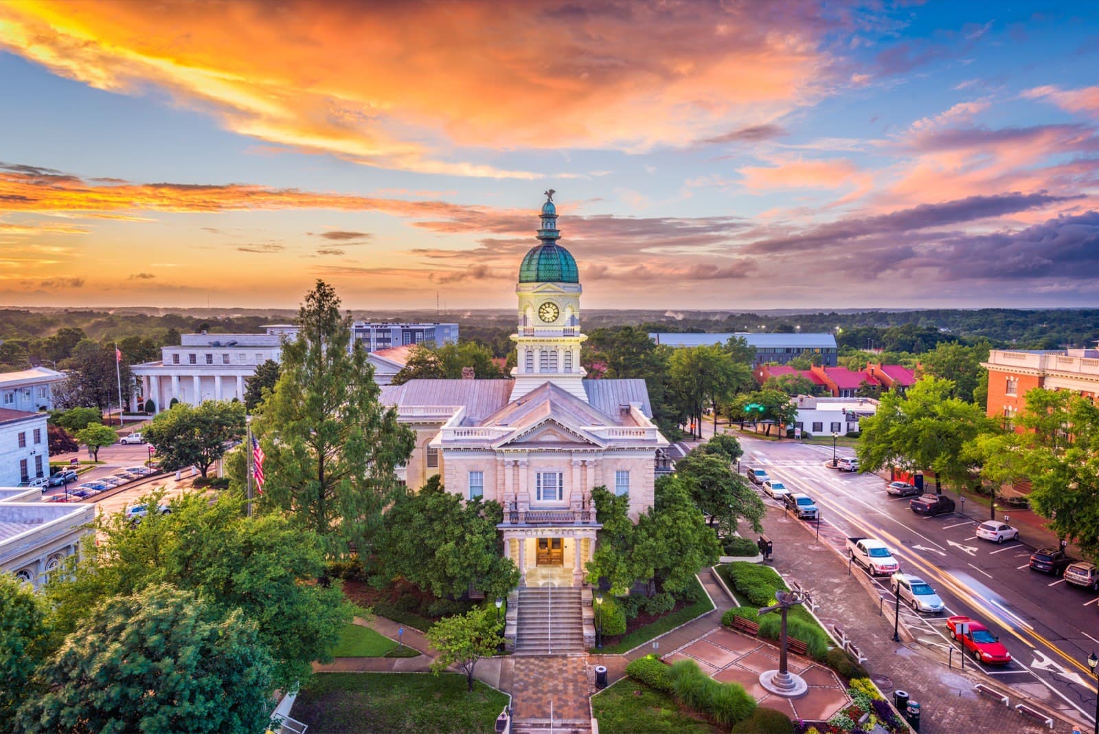 Athens, Georgia city hall and downtown at sunset