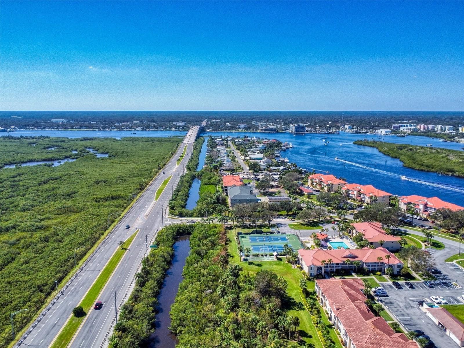 Aerial view of Bouchelle Island's waterfront condos on the Intracoastal Waterway in New Smyrna Beach