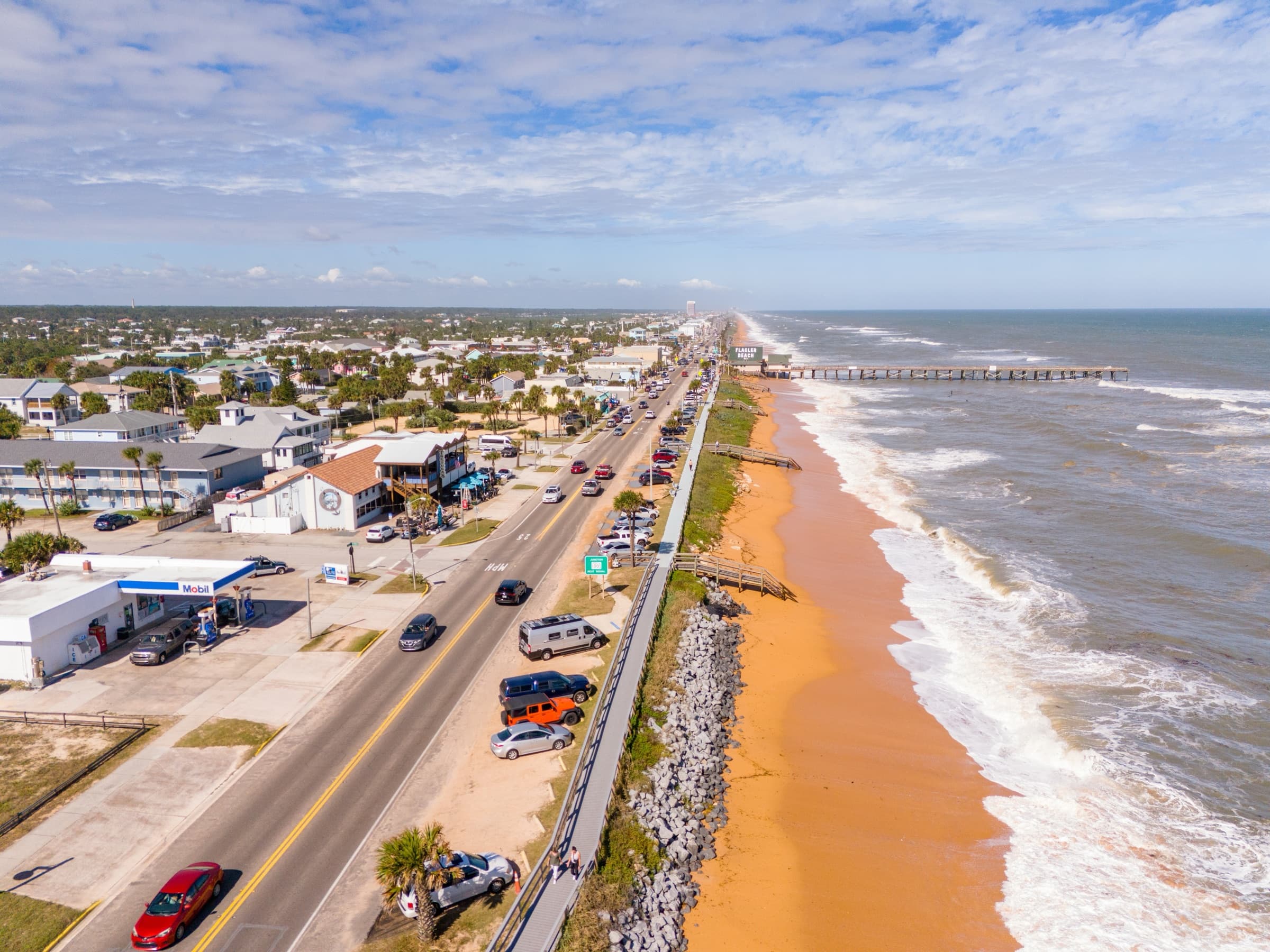 Aerial view of the Flagler Beach oceanfront and A1A along the Atlantic