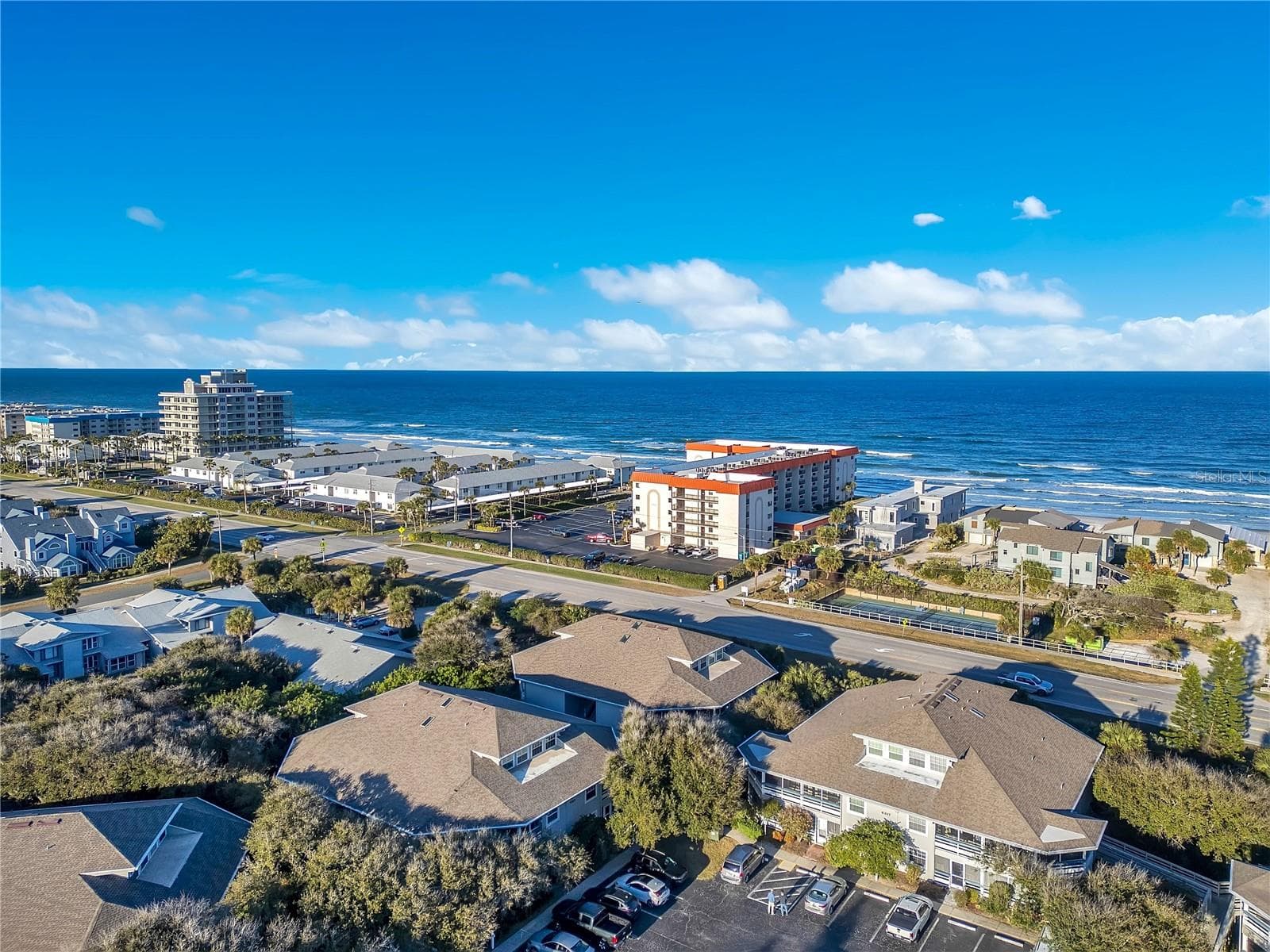 Aerial view of Sea Woods neighborhood near the Atlantic coast in New Smyrna Beach