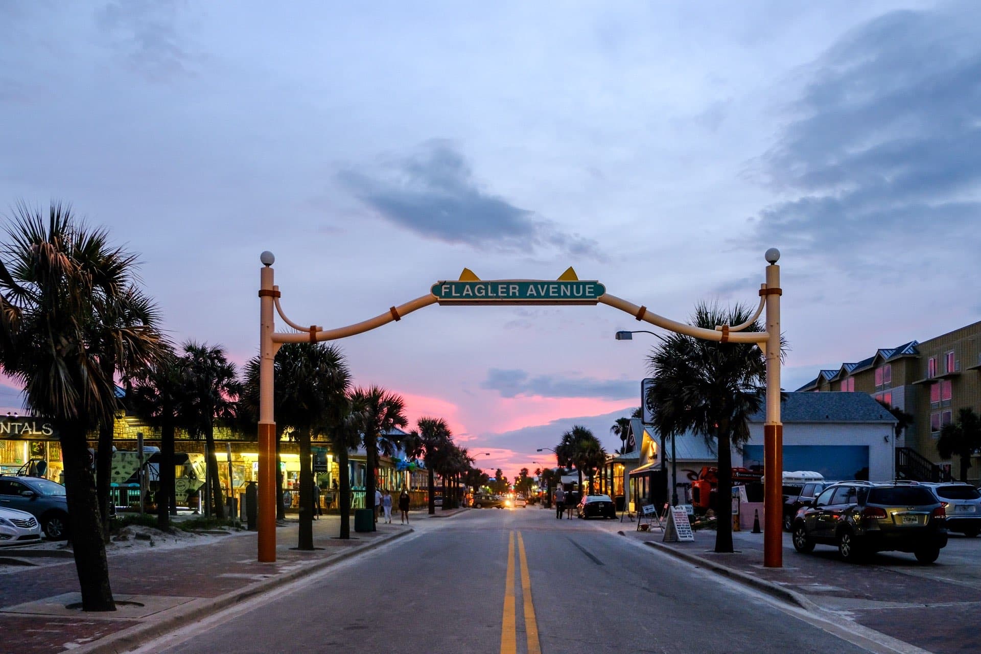 Flagler Avenue streetscape with shops and restaurants in Beachside, New Smyrna Beach