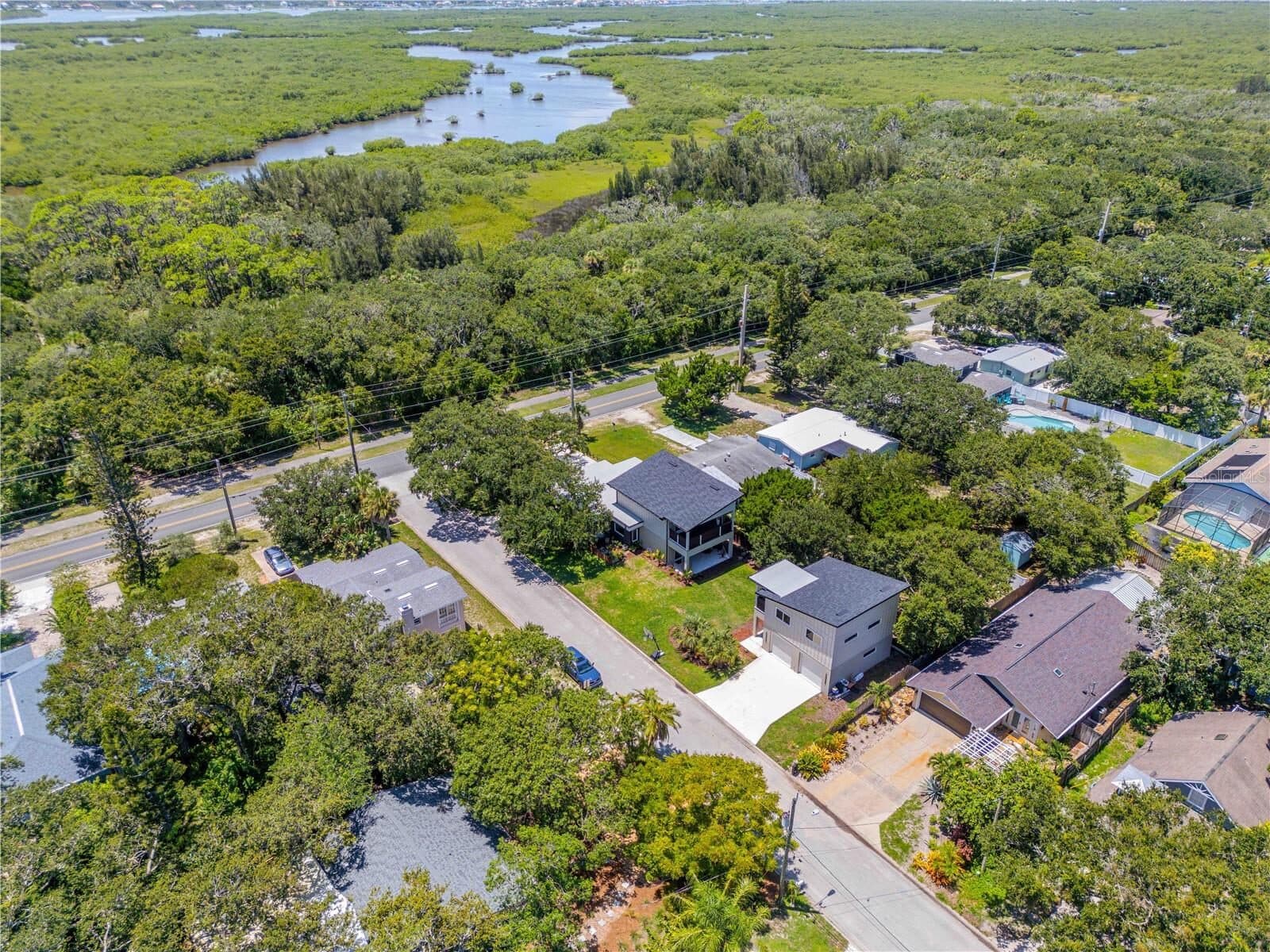 Aerial view over the barrier island toward the Mosquito Lagoon and its estuary