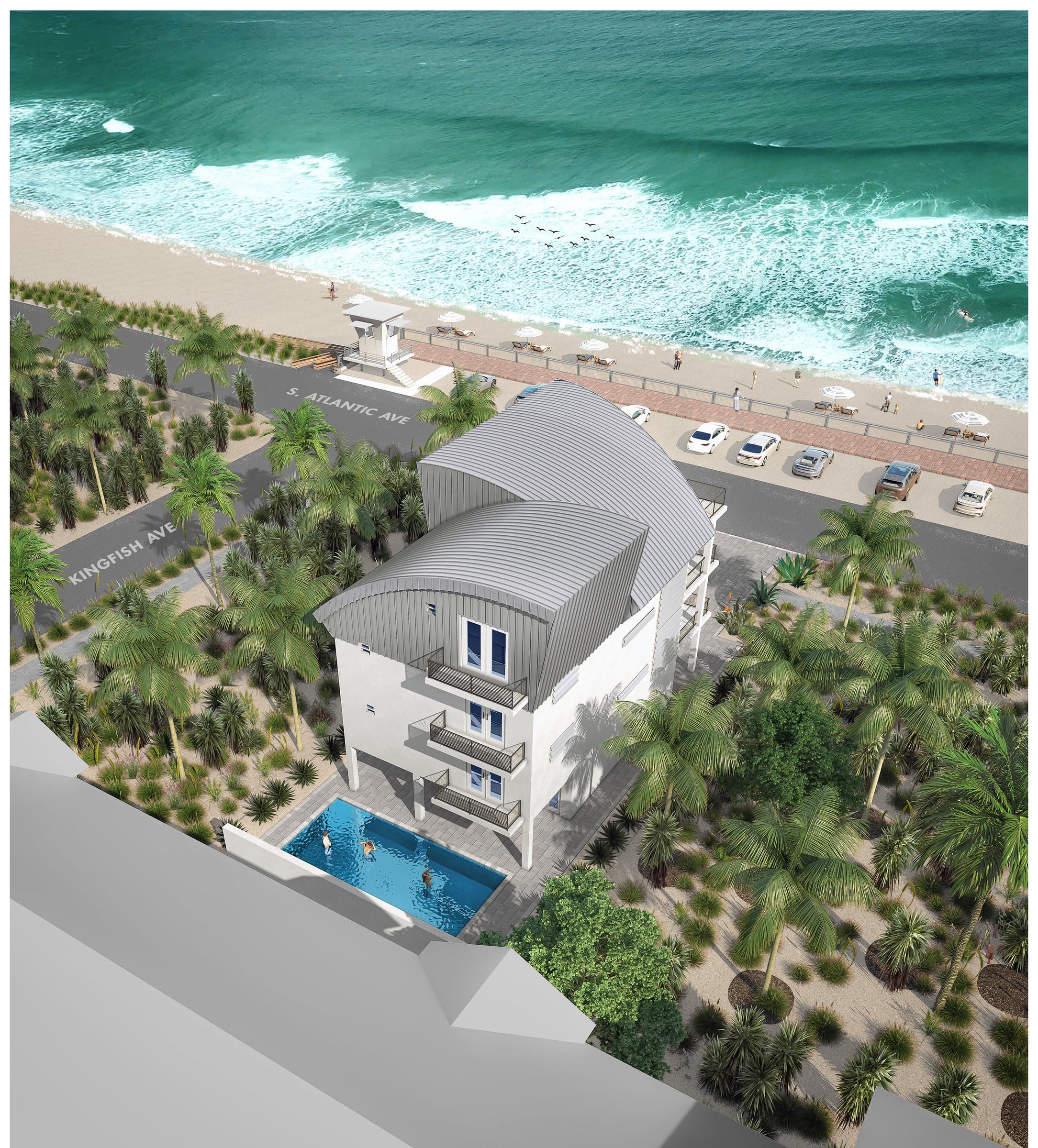 Aerial rendering looking northeast over the residence toward the Atlantic, showing the curved metal roof, the heated pool on the south side, and the beach beyond South Atlantic Avenue