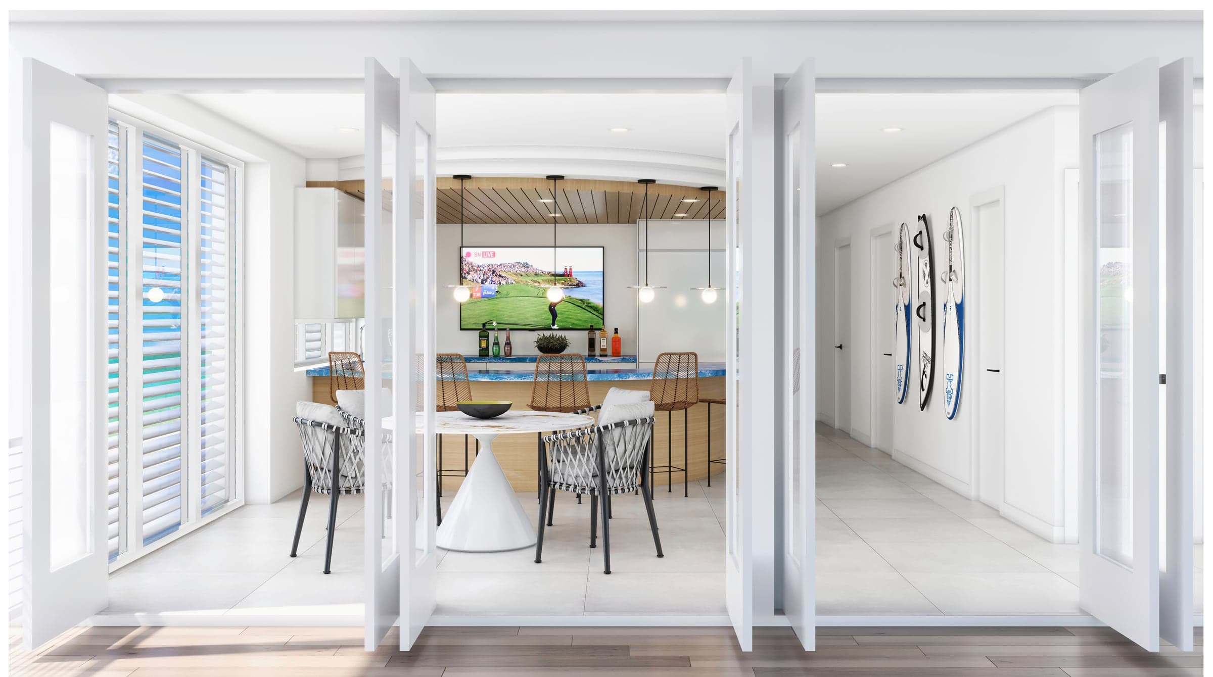 Interior rendering of a bar and entertaining space with backlit shelving and counter seating