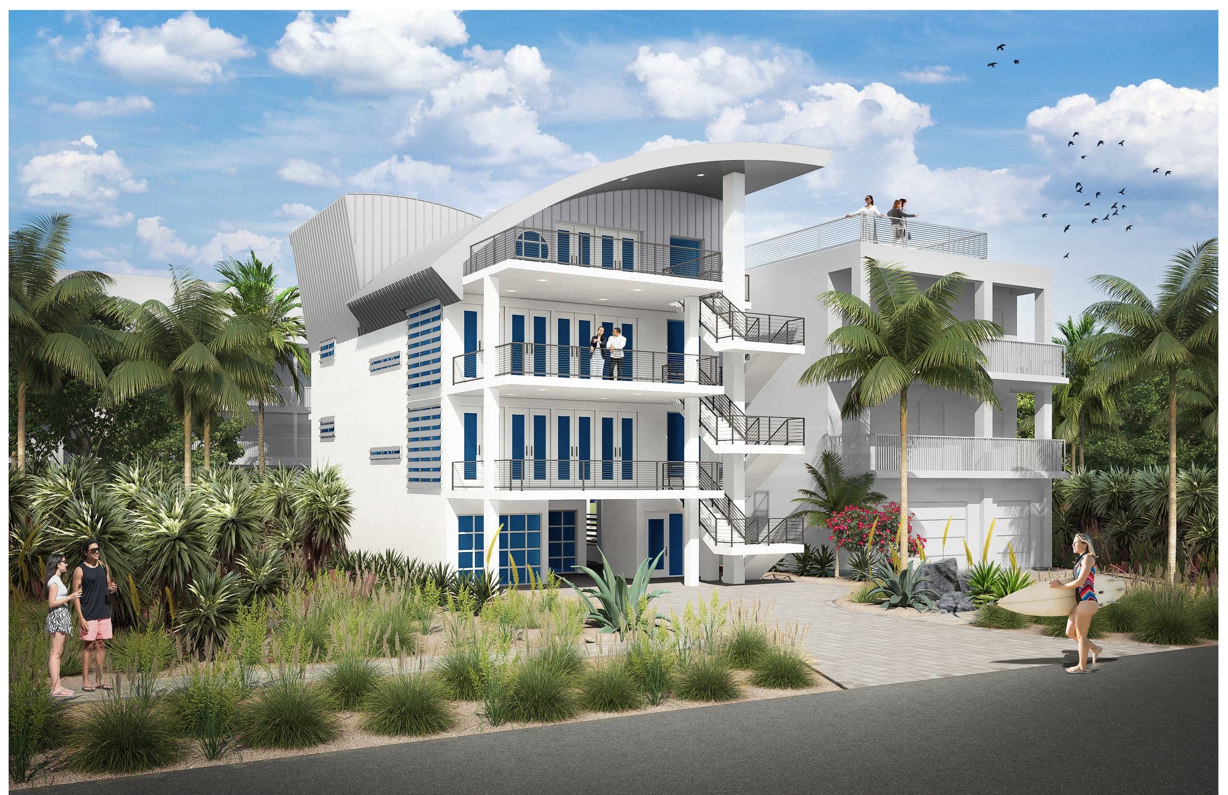 Architectural rendering of 6604 S Atlantic Avenue from the street, a four-level white oceanfront residence with a curved standing-seam roof, stacked balconies, and a rooftop terrace