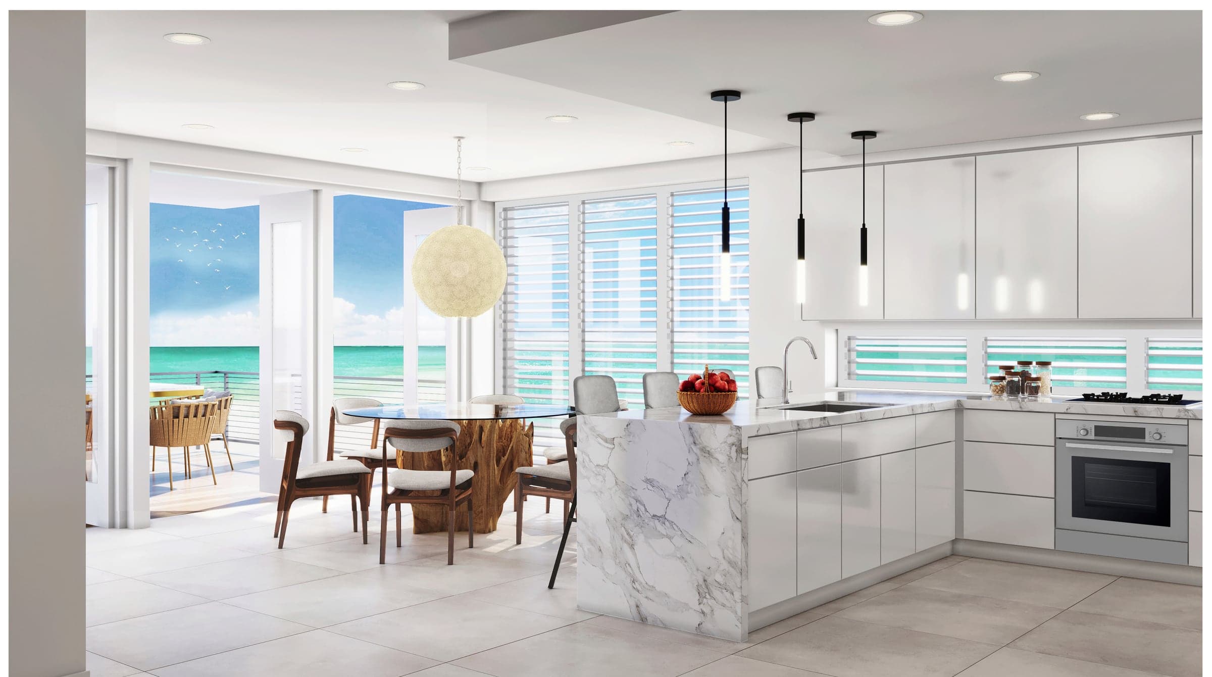 Interior rendering of a second-level kitchen and dining area with marble waterfall island, white cabinetry, and glass doors opening to an ocean-facing balcony