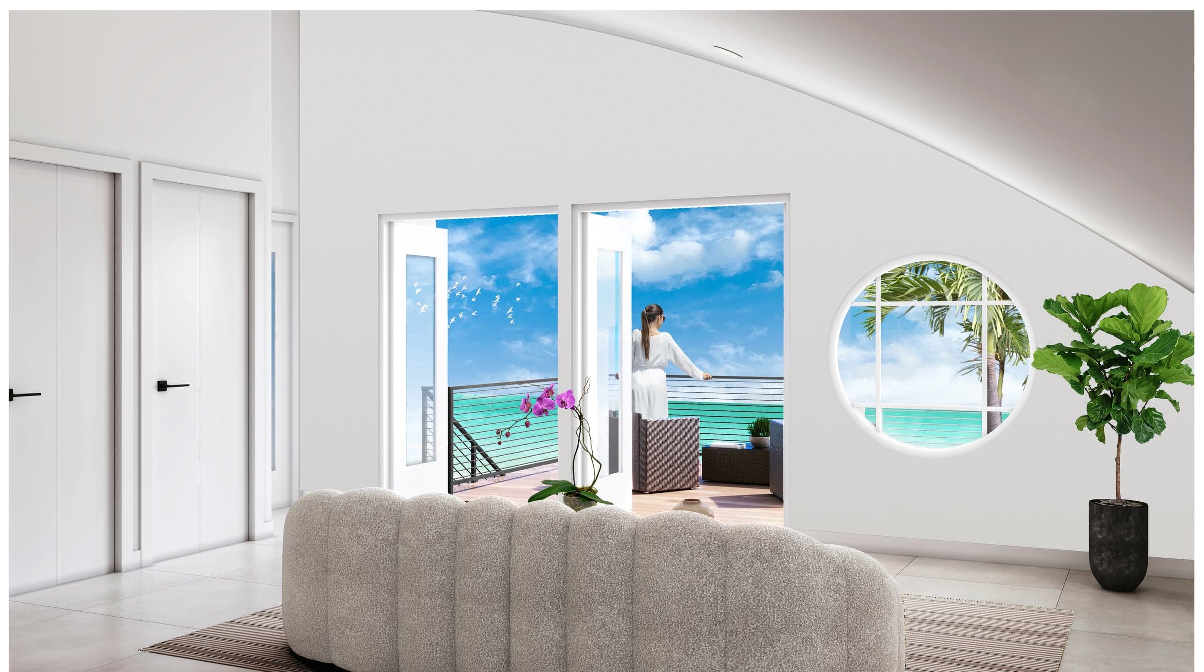 Interior rendering of a living lounge with low sectional seating oriented toward floor-to-ceiling glass and the ocean beyond