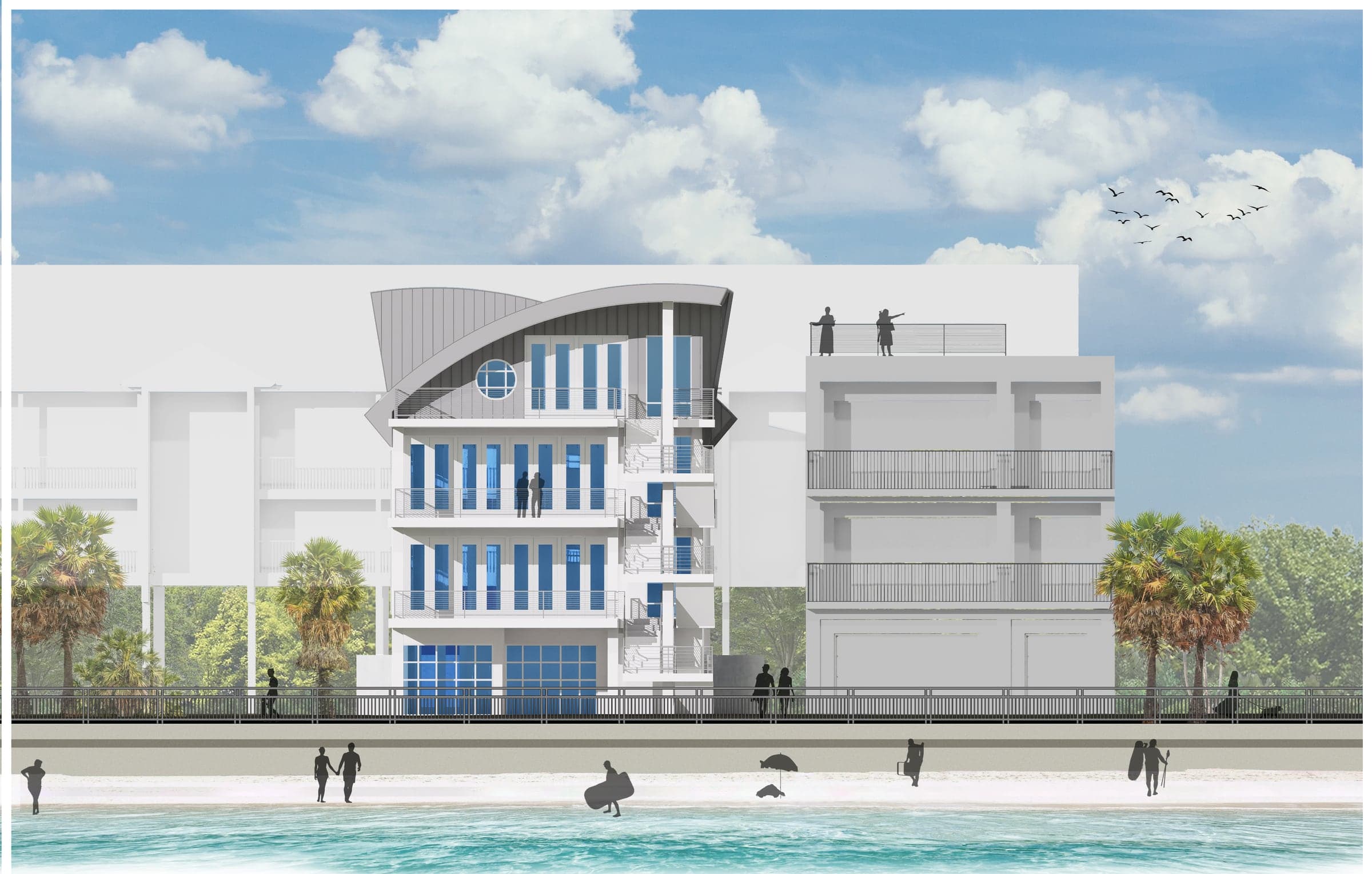 Architectural elevation rendering of the residence viewed from the beach, showing four levels of balconies, the curved roof, and the seawall along the promenade