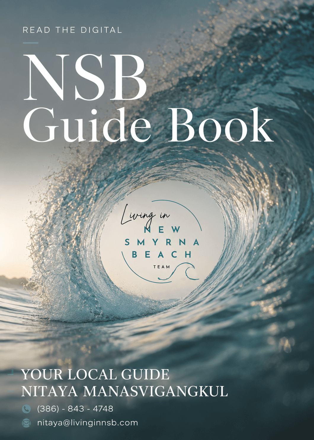 Cover of the digital NSB Guide Book by Nitaya Manasvigangkul, showing a breaking wave and the Living in New Smyrna Beach Team logo.